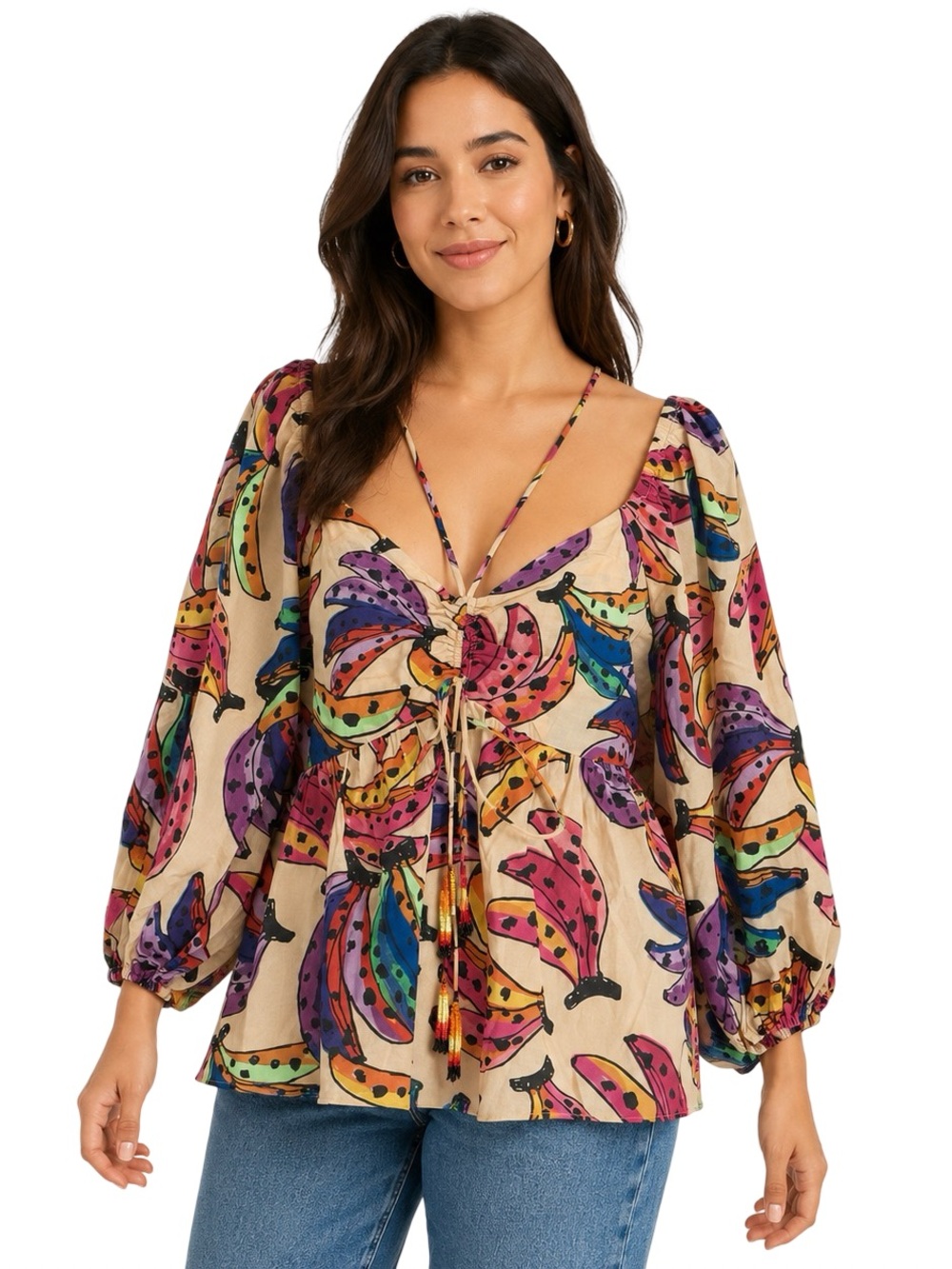 FARM Rio Beige Tie-Front Blouse with Multicolor Banana Print